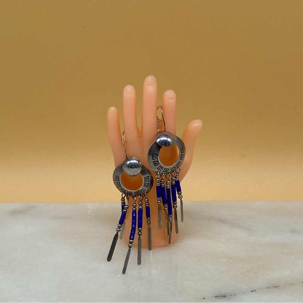 Vintage fringe SouthWest blue beaded dangle earrings TK Ster silver - 00G05V